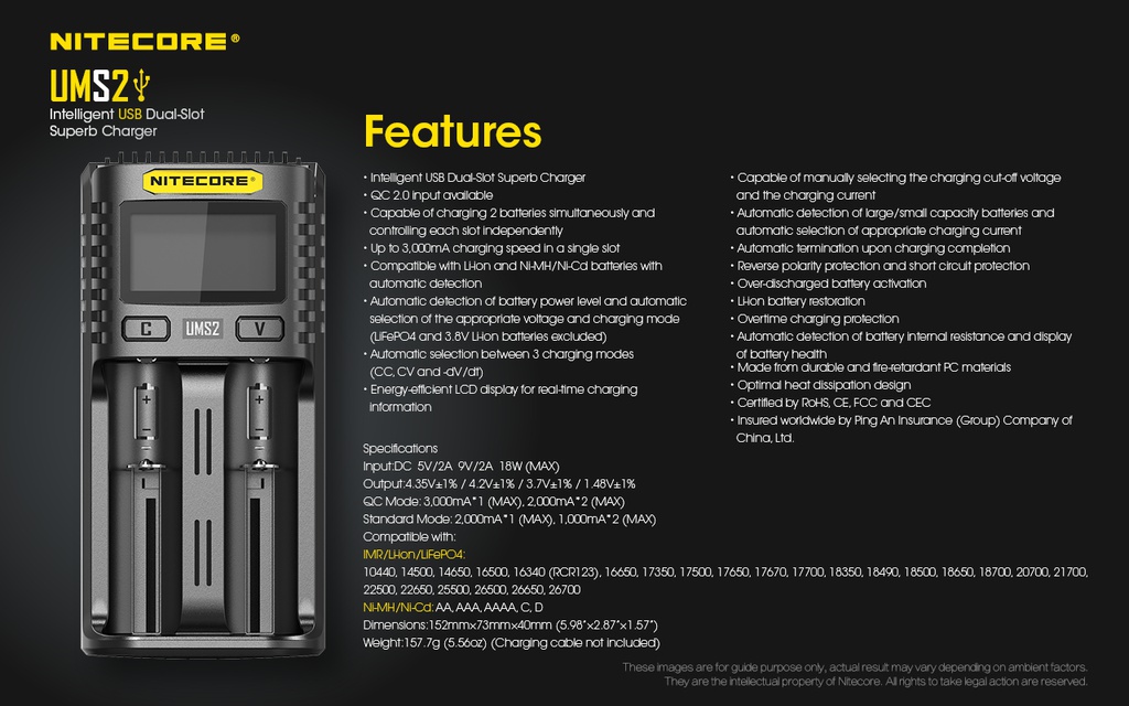 Battery Charger: Nitecore UMS2, Intelligent USB Superb Charger
