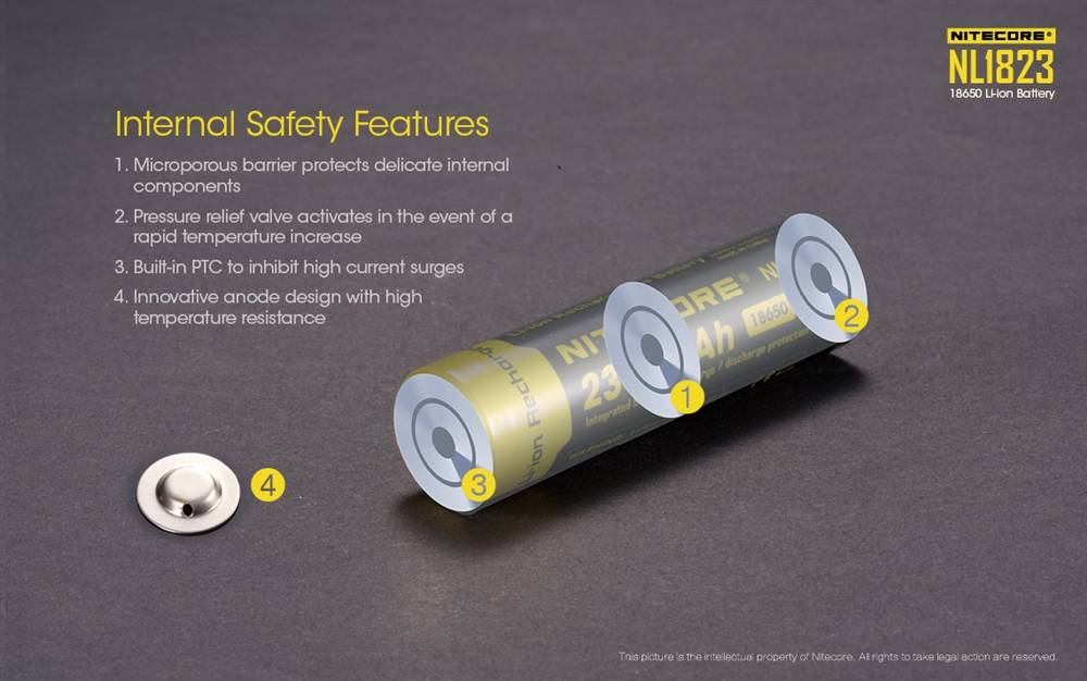 Battery: Nitecore NL1823, Rechargeable 18650 Li-ion, 3.7V 2300mAh, Discharge current max 4A