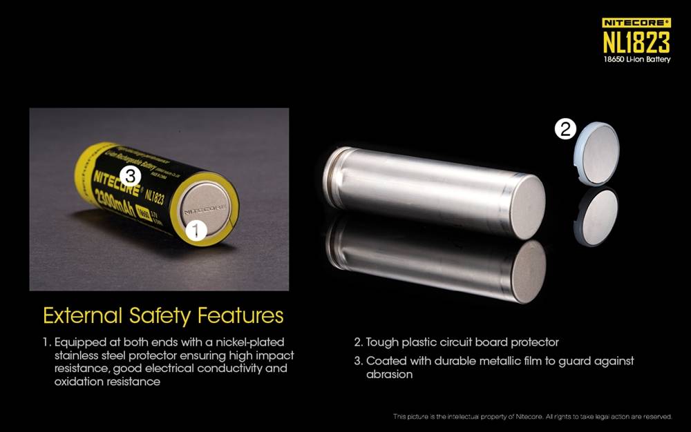 Battery: Nitecore NL1823, Rechargeable 18650 Li-ion, 3.7V 2300mAh, Discharge current max 4A