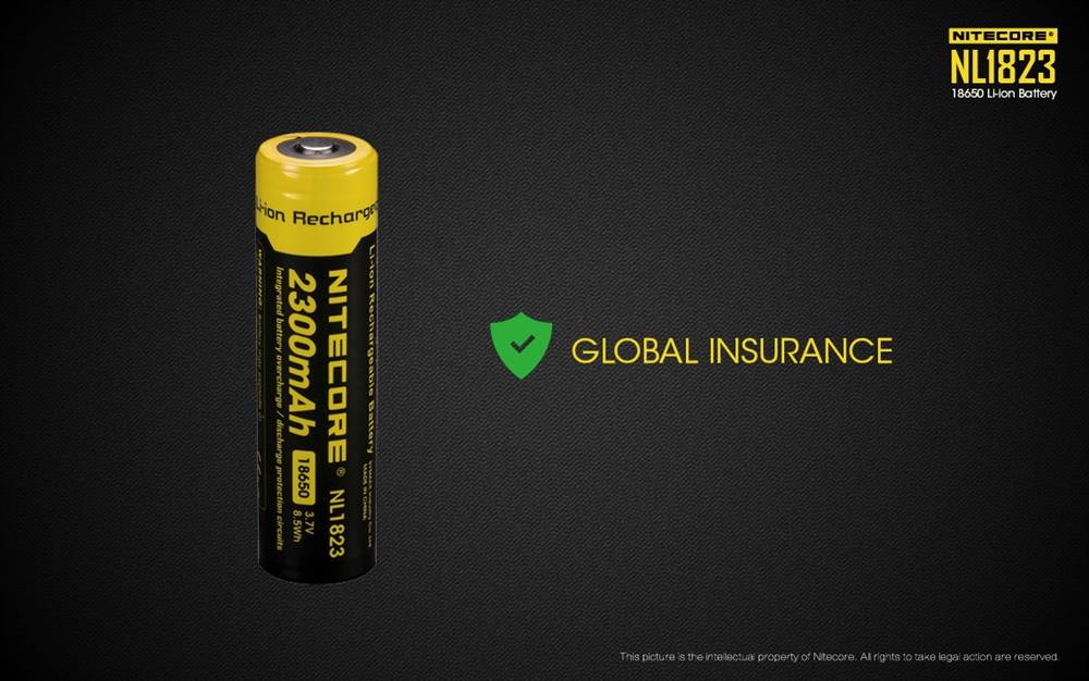 Battery: Nitecore NL1823, Rechargeable 18650 Li-ion, 3.7V 2300mAh, Discharge current max 4A