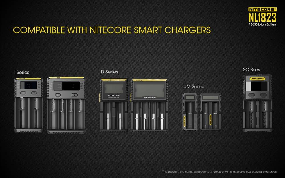 Battery: Nitecore NL1823, Rechargeable 18650 Li-ion, 3.7V 2300mAh, Discharge current max 4A