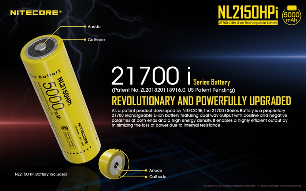 Battery: Nitecore NL2150HPi, Rechargeable 27100 Li-ion, 3.6V 5000mAh, Discharge current max 15A