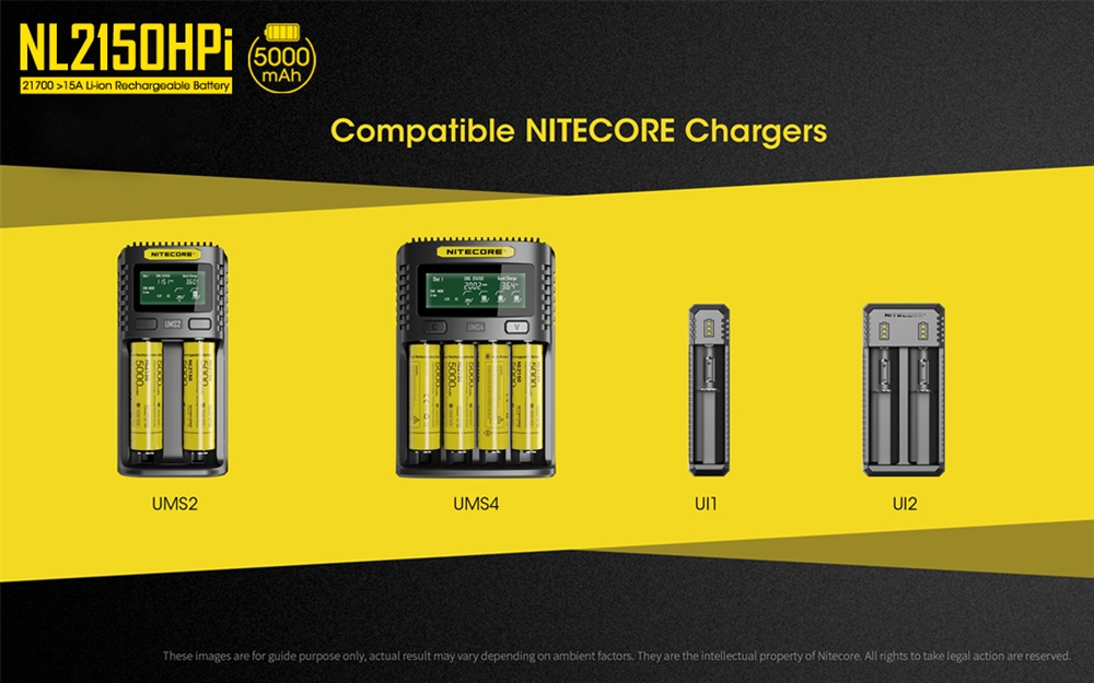 Battery: Nitecore NL2150HPi, Rechargeable 27100 Li-ion, 3.6V 5000mAh, Discharge current max 15A