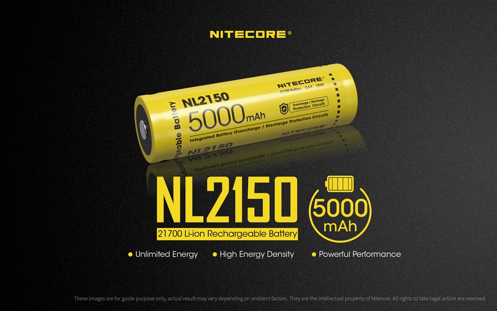 Battery: Nitecore NL2150, Rechargeable 27100 Li-ion, 3.6V 5000mAh, Discharge current max 8A