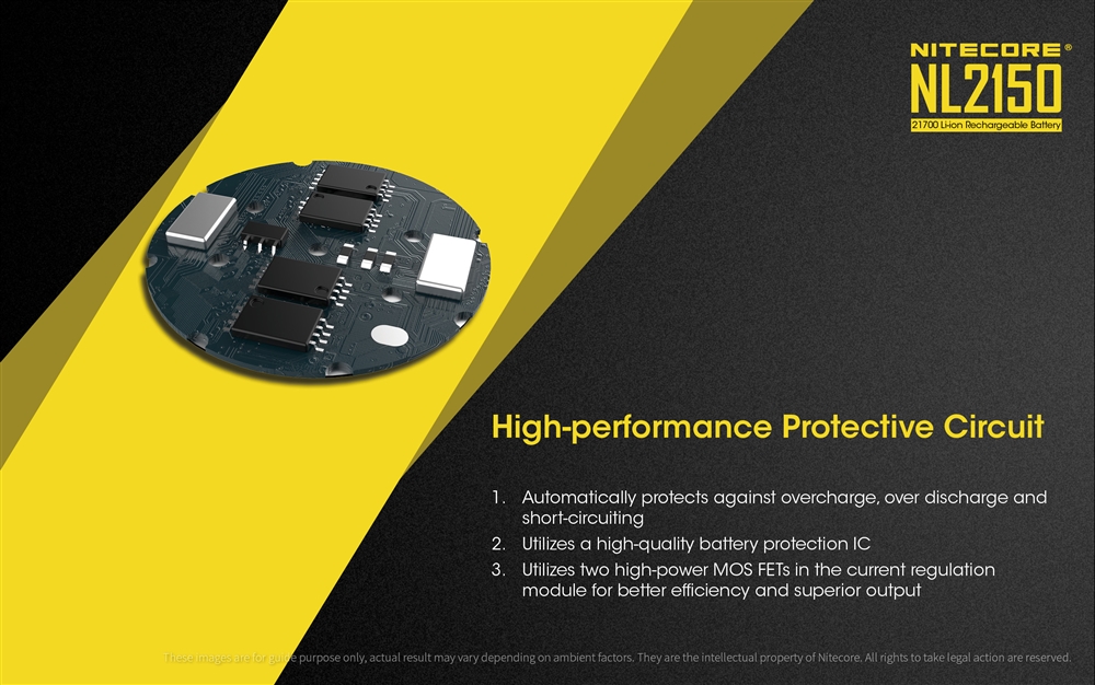 Battery: Nitecore NL2150, Rechargeable 27100 Li-ion, 3.6V 5000mAh, Discharge current max 8A