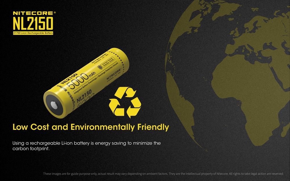 Battery: Nitecore NL2150, Rechargeable 27100 Li-ion, 3.6V 5000mAh, Discharge current max 8A