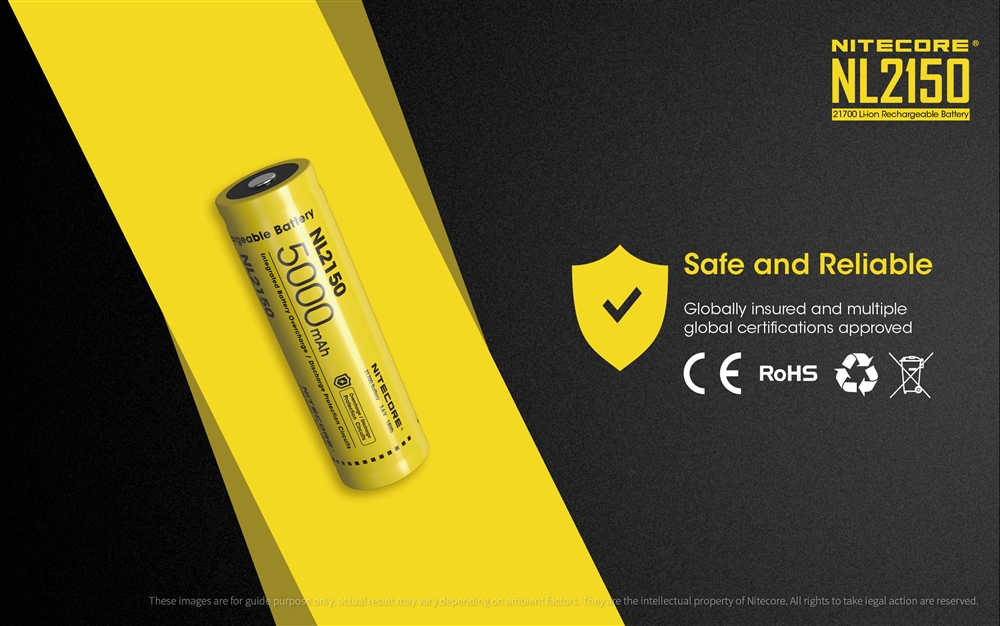 Battery: Nitecore NL2150, Rechargeable 27100 Li-ion, 3.6V 5000mAh, Discharge current max 8A