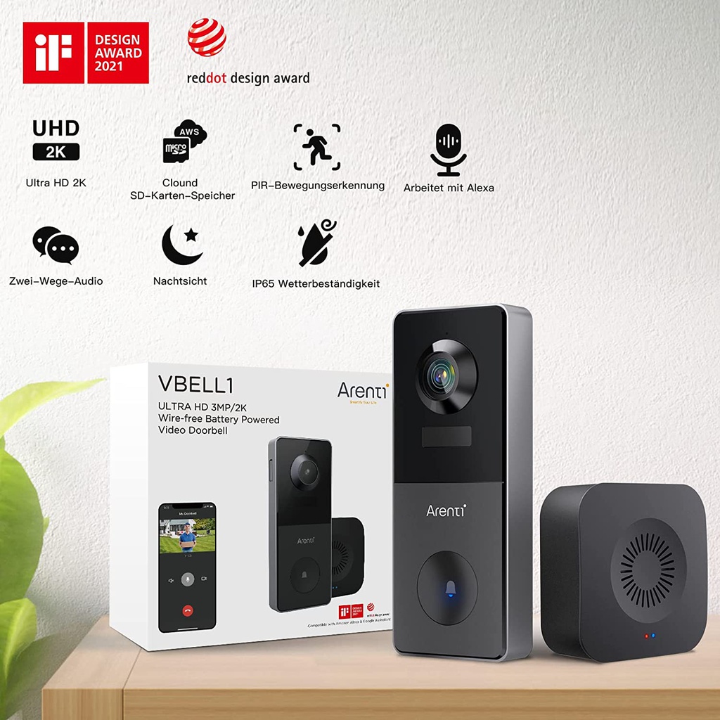 Smart Home Camera: Arenti VBELL1, Battery-Powered Doorbell with Wireless Chime, 2K resolution, Indoor, Wi-Fi, Mic & Speaker, Nightvision 10m, Motion Detect