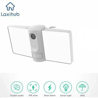 Smart Home Camera: Laxihub F1, Floodlight with Siren, 2K resolution, Outdoor, Wi-Fi, Mic & Speaker, Nightvision 10m, Motion Detect