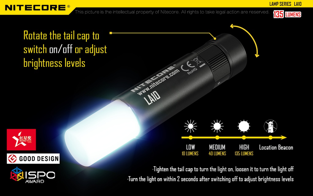Flashlight: Nitecore LA10, Rechargeable, 135 lumen, 10m