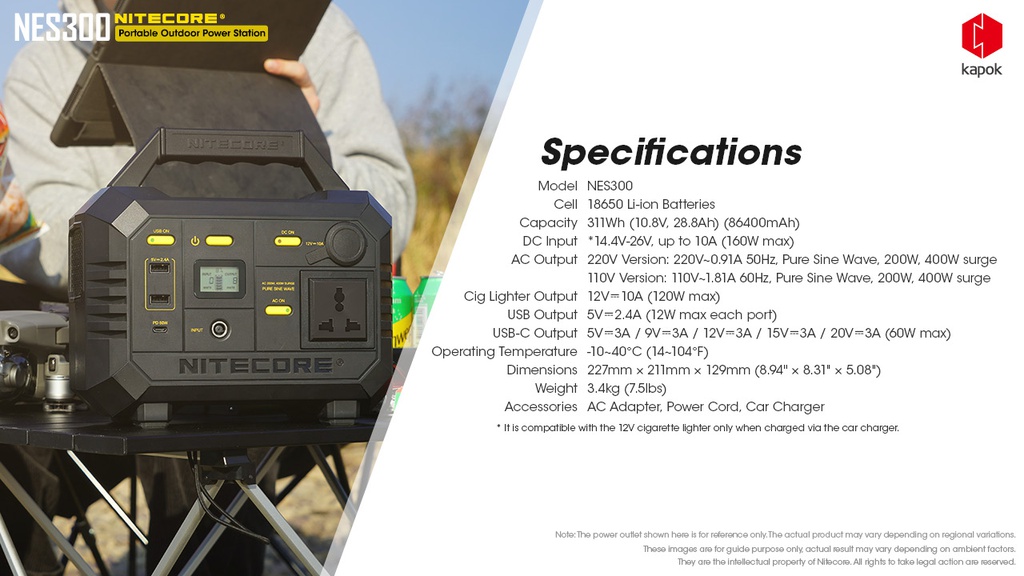 Solar Generator: Nitecore Power Station NES Series, DC Input, Output: 220VAC, 12VDC, USB, USB-C, USB-QC