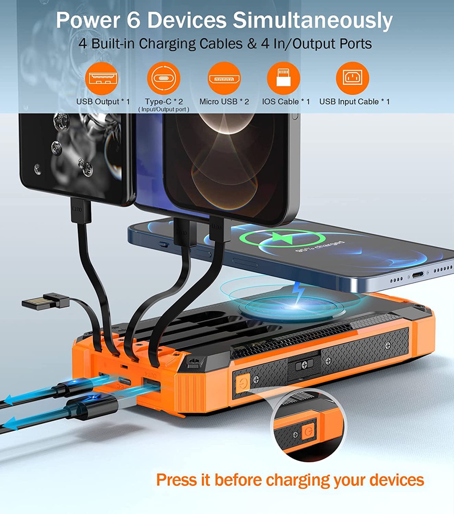 Power Bank: Lighting Solar Charger with 1 Panel, 4*Cable, 20000mAh