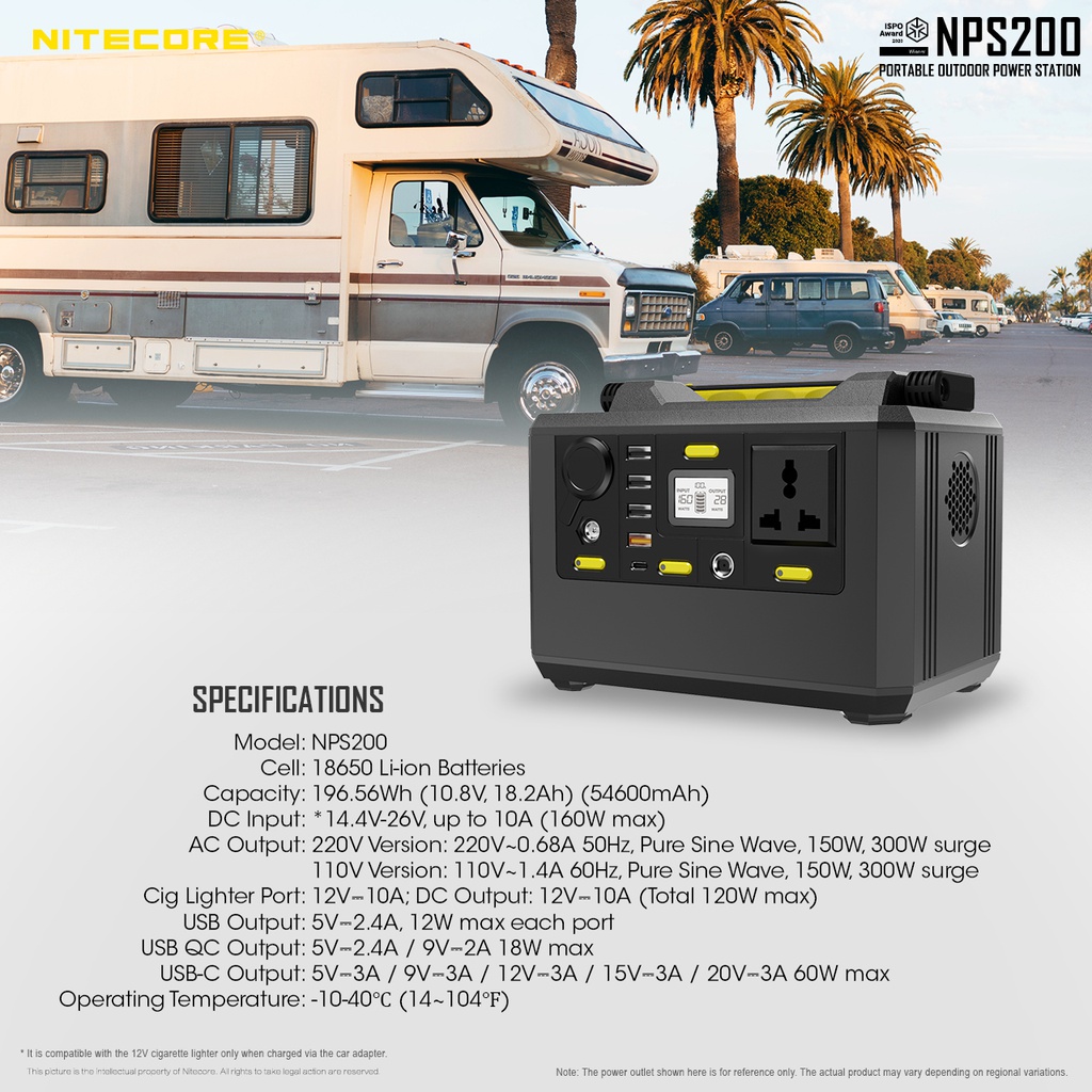 Solar Generator: Nitecore Power Station NPS Series, DC Input, Output: 220VAC, 12VDC, USB, USB-C, USB-QC