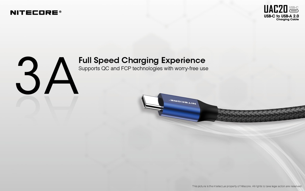 Flashlight ACC: Nitecore UAC20, USB-C to USB-A Charging cable, 3A, Nylon Braiding, 1m