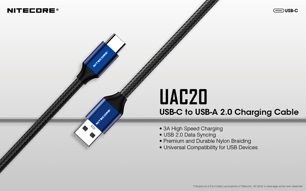 Flashlight ACC: Nitecore UAC20, USB-C to USB-A Charging cable, 3A, Nylon Braiding, 1m