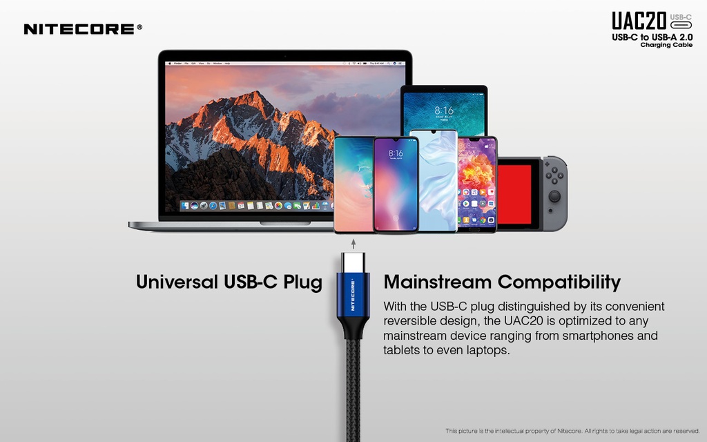 Flashlight ACC: Nitecore UAC20, USB-C to USB-A Charging cable, 3A, Nylon Braiding, 1m