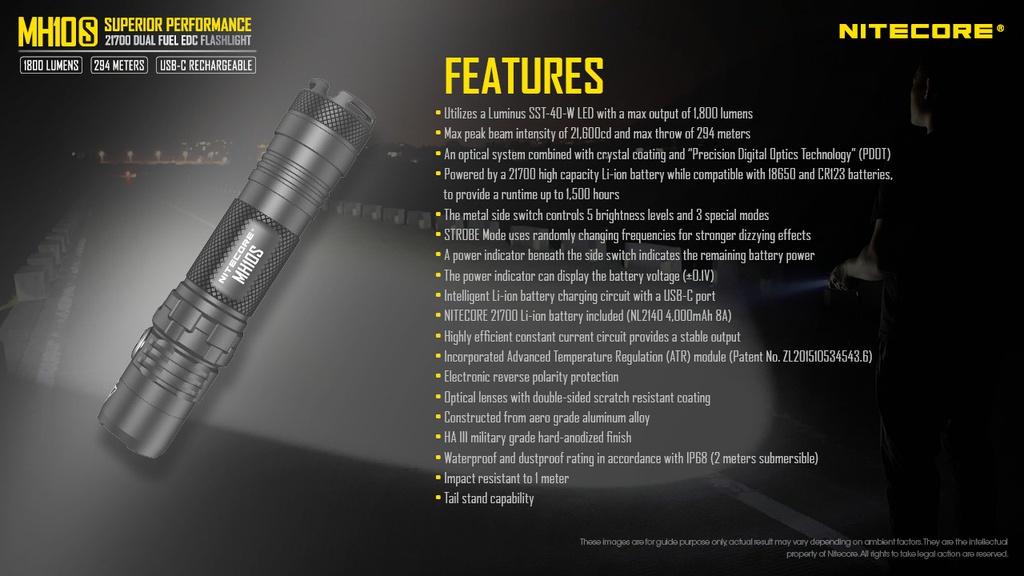 Flashlight: Nitecore MH10S EDC Flashlight, 1800 lumen, 294m