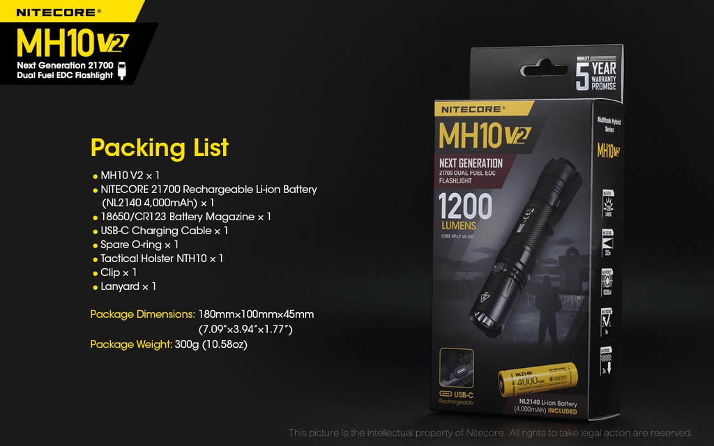 Flashlight: Nitecore MH10 V2, EDC Flashlight, 1200 lumen, 202m