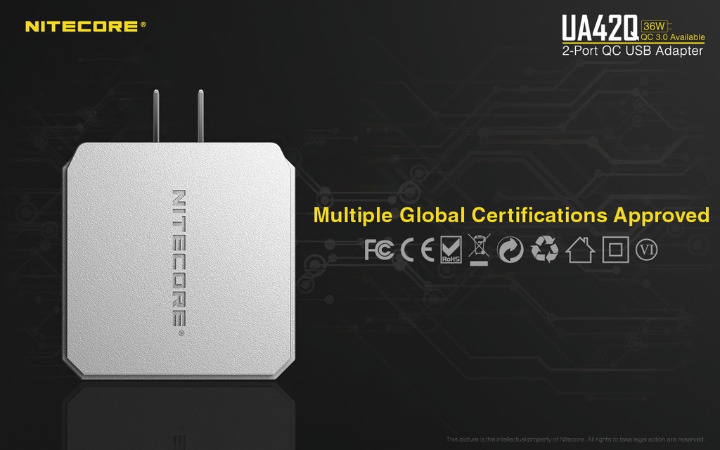 Battery Charger: Nitecore UA42Q, 2-Port Quick Charge USB Adapter, 36W