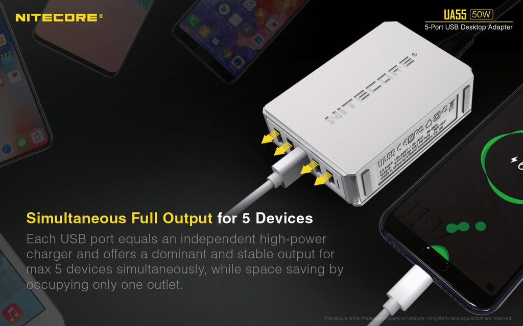 Battery Charger: Nitecore UA55, 5-Port USB Desktop Adapter, 50W