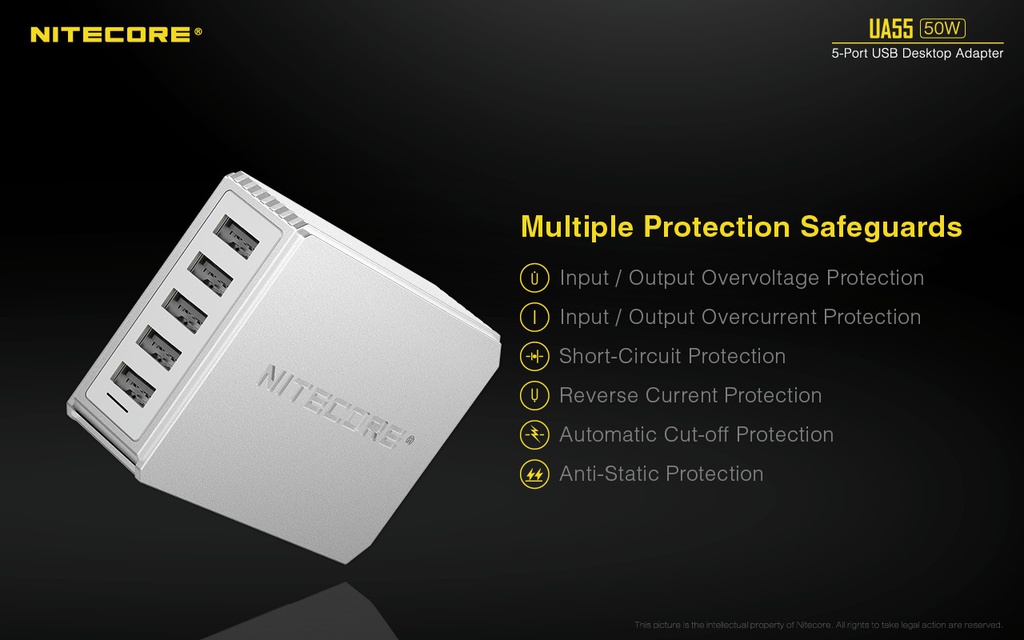 Battery Charger: Nitecore UA55, 5-Port USB Desktop Adapter, 50W