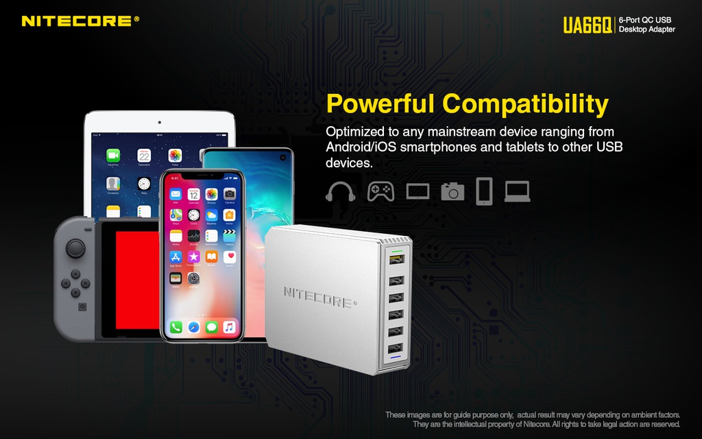 Battery Charger: Nitecore UA66Q, 6-Port Quick Charge USB Adapter, 68W