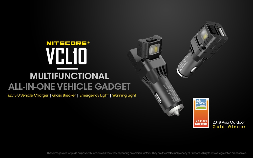 Battery Charger: Nitecore VCL10, Multifunctional Vehicle Gadget: Vehicle charger, Glass Breaker, Emergency Light, Warning Light