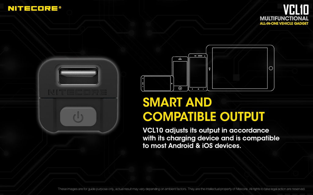 Battery Charger: Nitecore VCL10, Multifunctional Vehicle Gadget: Vehicle charger, Glass Breaker, Emergency Light, Warning Light
