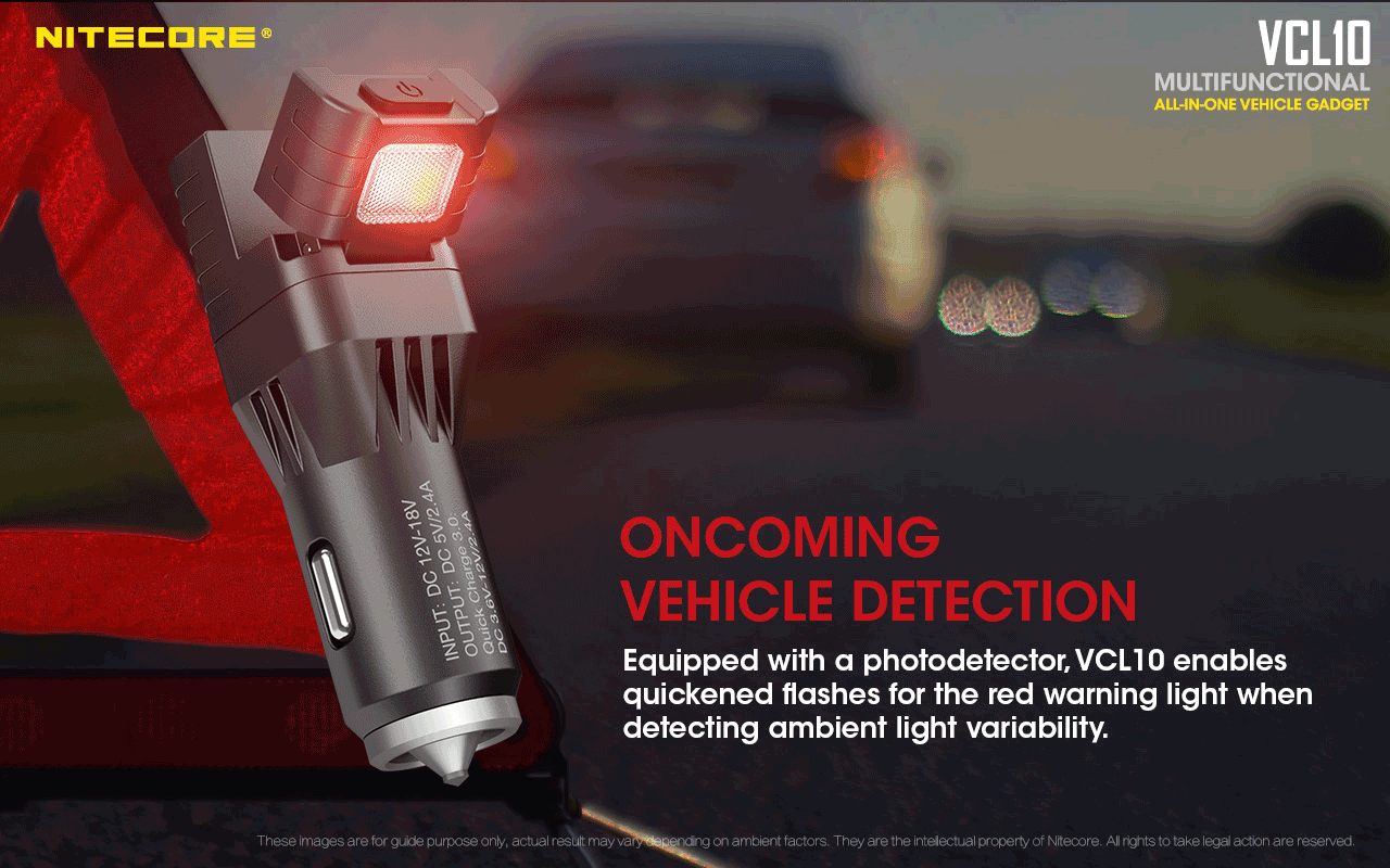 Battery Charger: Nitecore VCL10, Multifunctional Vehicle Gadget: Vehicle charger, Glass Breaker, Emergency Light, Warning Light